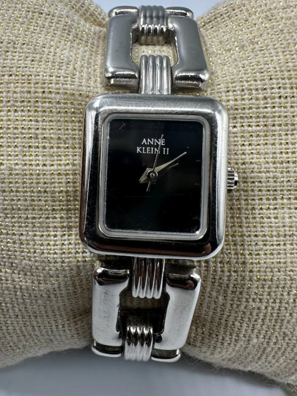3/$30 Anne Klein Watch Women Silver Tone Black Square Dial New Battery 6